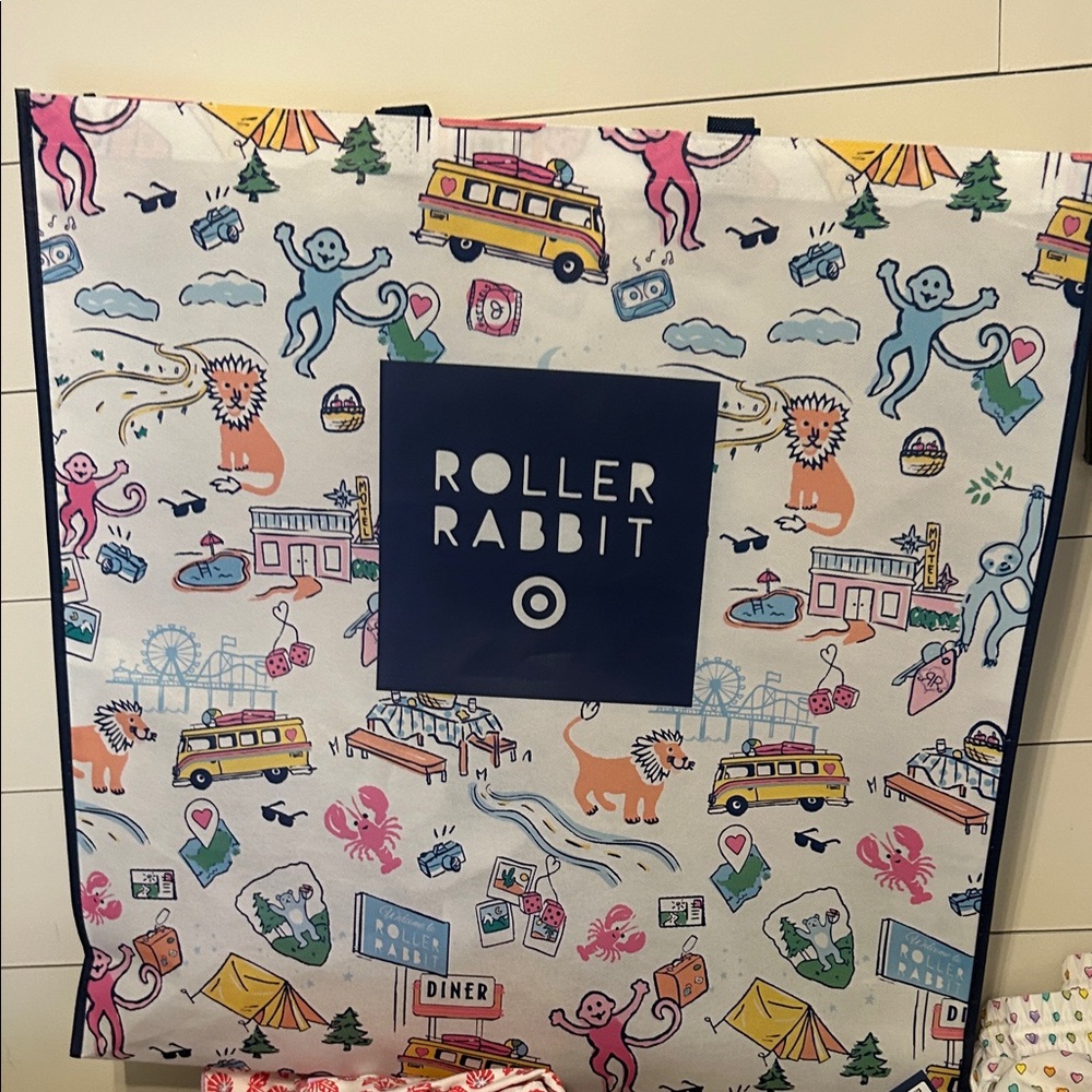 Roller Rabbit Multicolor Illustrated Tote with Navy Logo